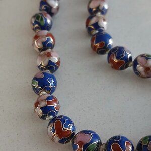 Vintage Cloisonne Beaded Necklace Blue w/ Pink Flowers 24"